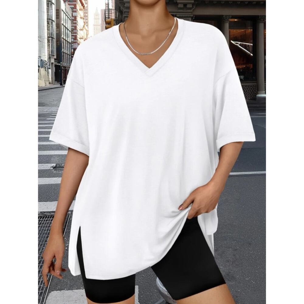 Trendy Queen Women's V-Neck Short Sleeve Relaxed Pullover T-Shirt Size XXL White